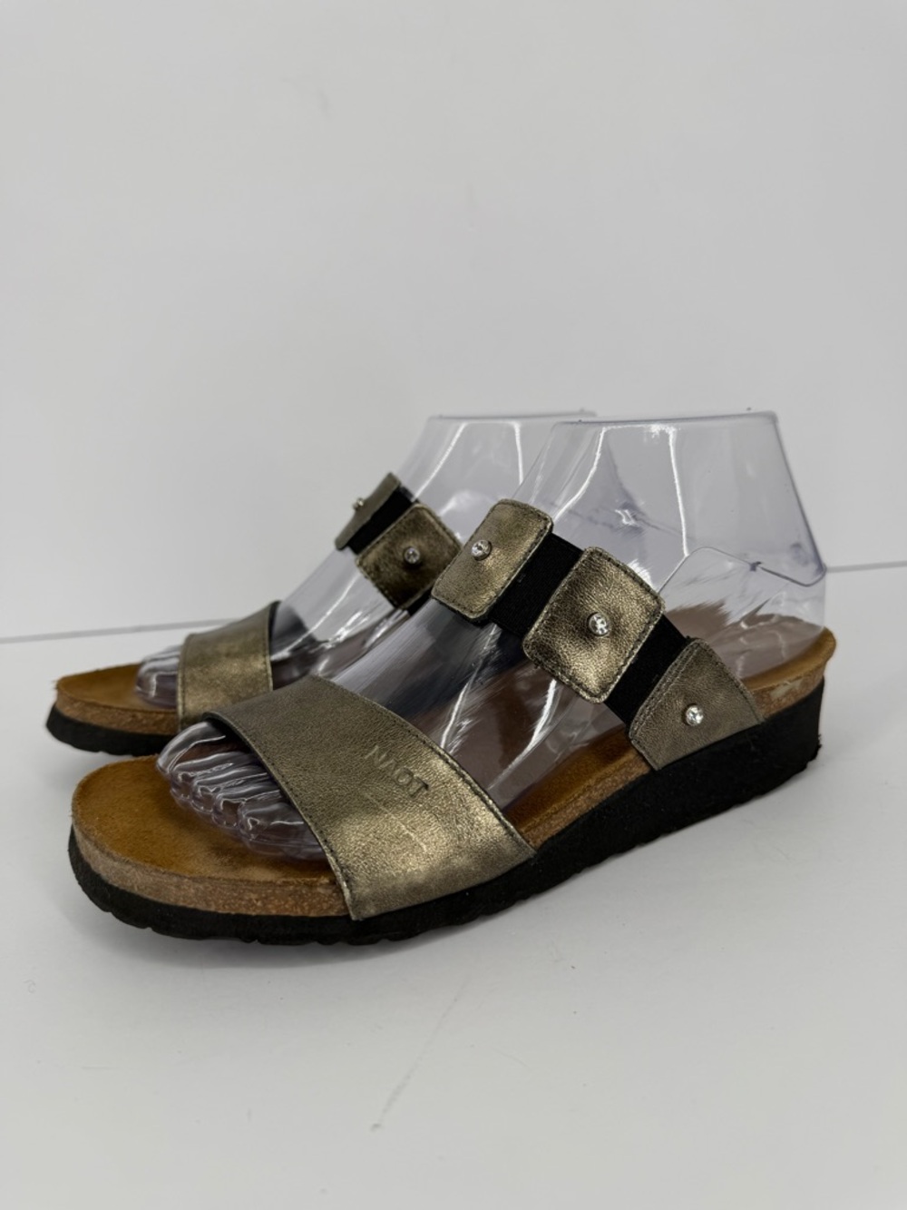 NAOT Ashley Sandals Shoes Metallic Antique Gold Slides 2 Strap Rhinestones EU 38